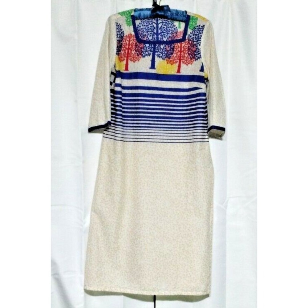AURELIA Cool & Light Cotton Kurta ~ Large ~ Blue, Red, Green, Yellow Trees EUC